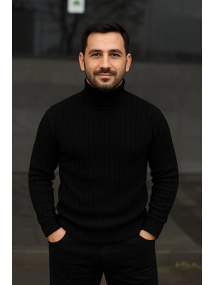 Mrayss  Erkek Fitilli Triko Kazak 3lü Set Bebek Mavisi Bej Siyah Regular Balıkcı Yaka Tam Boğazlı Triko Seti Modeli Kazak