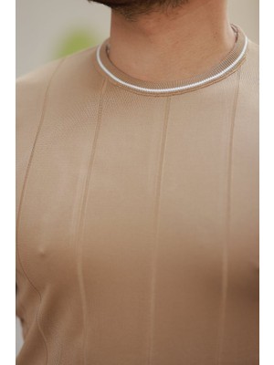 Mrayss  Erkek Bisiklet Yaka Çizgi Desenli Ribanalı Kısa Kollu Tshirt