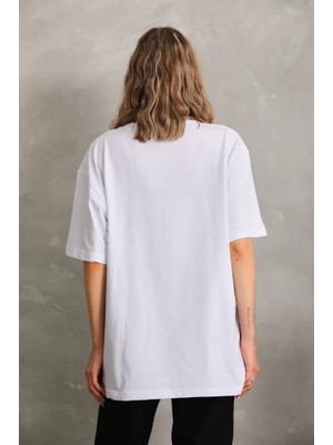 Mrayss  Unisex Bisiklet Yaka 20/1 Düz Oversize T-Shirt - Beyaz