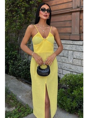 Mrayss  Göğsü Aksesuarlı Önü Yırtmaçlı Elbise 2899