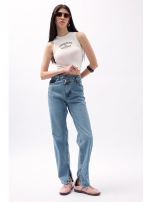 Mrayss  Asimetrik Bel Paça Yırtmaçlı Jean