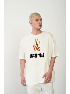 Mrayss  Unisex Bisiklet Yaka Baskılı Oversize T-Shirt - Beyaz