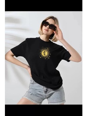 Mrayss  Unisex Bisiklet Yaka Baskılı T-Shirt - Siyah