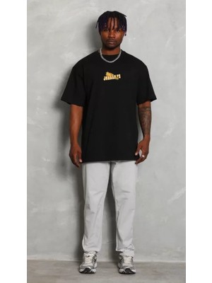 Mrayss  Unisex Bisiklet Yaka Baskılı Oversize T-Shirt - Siyah