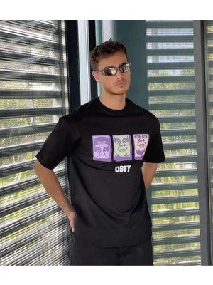 Mrayss  Unisex Bisiklet Yaka Baskılı Oversize T-Shirt - Siyah