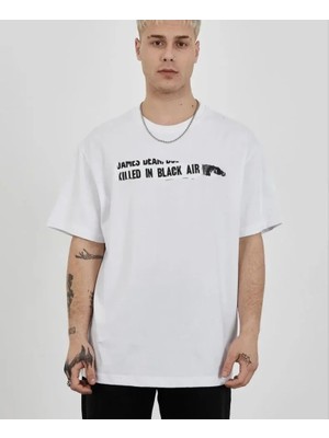 Mrayss  Unisex Bisiklet Yaka Baskılı Oversize T-Shirt - Beyaz