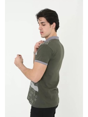 Mrayss  Erkek Yakalı Slim Fit Baskılı T-Shirt - Haki