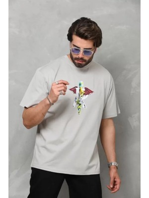 Mrayss  Unisex Bisiklet Yaka Baskılı Oversize T-Shirt - Gri