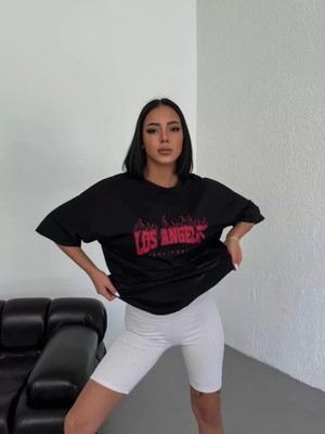 Mrayss  Unisex Bisiklet Yaka Baskılı Oversize T-Shirt - Siyah