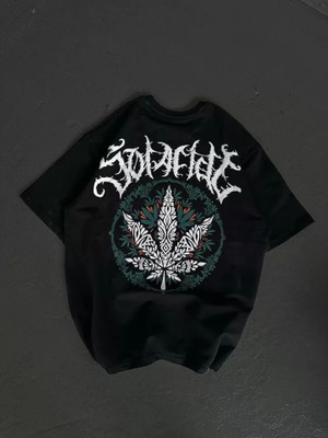 Mrayss  Unisex Bisiklet Yaka Baskılı Oversize T-Shirt - Siyah