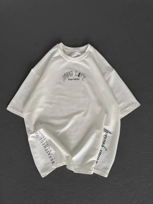 Mrayss  Unisex Baskılı Oversize T-Shirt - Beyaz