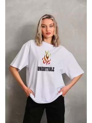 Mrayss  Unisex Bisiklet Yaka Baskılı Oversize T-Shirt - Beyaz