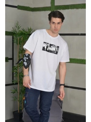 Mrayss  Unisex Bisiklet Yaka Baskılı Oversize T-Shirt - Beyaz