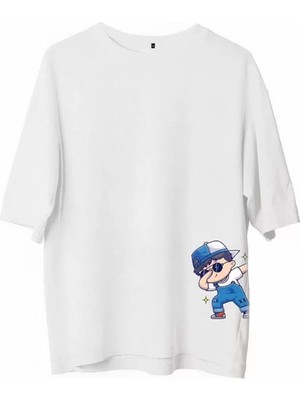 Mrayss  Unisex Bisiklet Yaka Baskılı Oversize T-Shirt - Beyaz