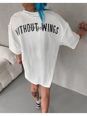 Mrayss  Unisex Bisiklet Yaka Baskılı Oversize T-Shirt - Beyaz