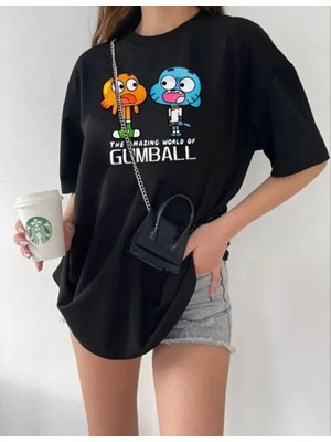 Mrayss  Bisiklet Yaka Baskılı Oversize T-Shirt - Siyah