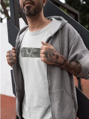Mrayss  Unisex Bisiklet Yaka Baskılı Oversize T-Shirt - Beyaz