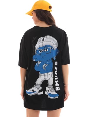 Mrayss  Unisex Bisiklet Yaka Baskılı Oversize T-Shirt - Siyah