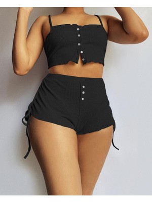 Mrayss  Kadın Ip Askılı Crop Bluz ve Yanlardan Büzgülü Ikili Kaşkorse Short Takım