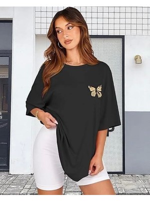 Mrayss  Bisiklet Yaka Baskılı T-Shirt - Siyah