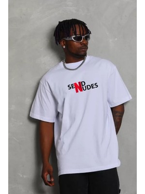 Mrayss  Unisex Bisiklet Yaka Double Oversize Baskılı T-Shirt - Beyaz