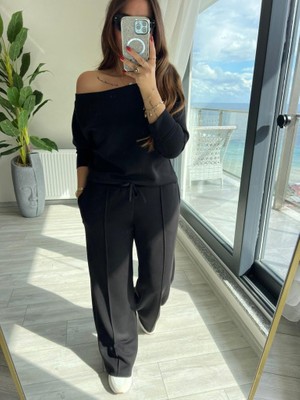 Mrayss  Kadın Uzun Kollu Tek Omuzdan Açık Modal Bluz ve Pantolon Ikili Takım