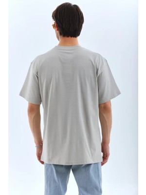 Mrayss  Unisex Oversize Taşlı Bisiklet Yaka T-Shirt - Gri
