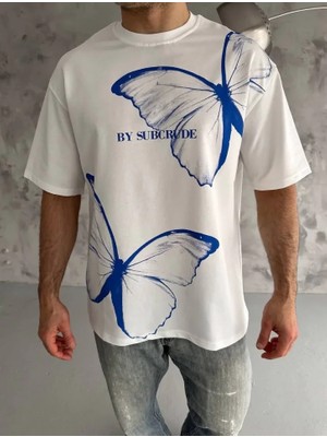 Mrayss  Unisex Bisiklet Yaka Baskılı Oversize T-Shirt - Beyaz