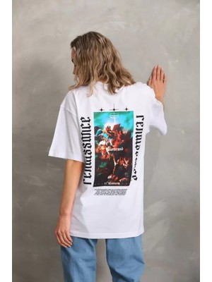 Mrayss  Unisex Baskılı Oversize T-Shirt - Beyaz