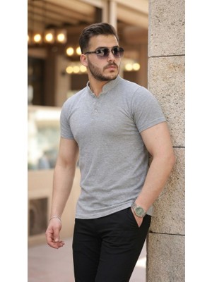 Mrayss  Erkek Hakim Yaka Dokuma Pamuklu Kumaş Kısa Kollu T-Shirt