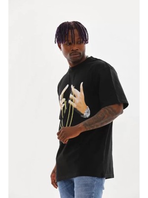 Mrayss  Unisex Baskılı Oversize T-Shirt - Siyah