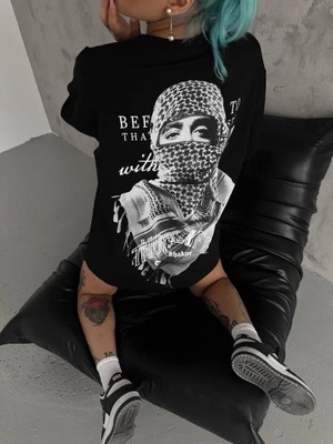 Mrayss  Unisex Baskılı Oversize T-Shirt - Siyah