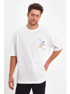 Mrayss  Erkek Melek Baskılı Oversize T-Shirt - Beyaz