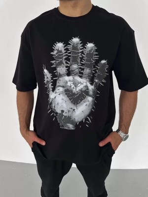 Mrayss  Unisex Bisiklet Yaka Baskılı Oversize T-Shirt - Siyah