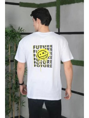Mrayss  Unisex Bisiklet Yaka Baskılı Oversize T-Shirt - Beyaz