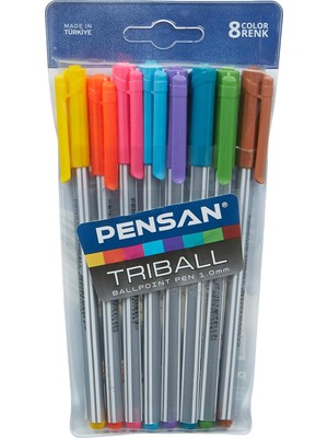 TeknoKapsül Pensan Triball Tükenmez Kalem Renkli 8'li Vakumlu, Yeşil/kahve/kırmızı/mavi/mavi&yeşil/mor/pem