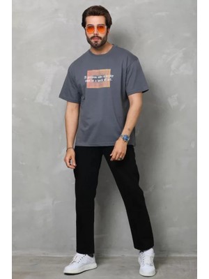 Mrayss  Unisex Bisiklet Yaka Baskılı Oversize T-Shirt - Füme
