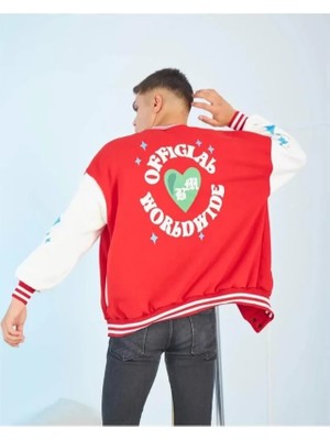 Mrayss  Erkek Kolları Yıldız Sırt Baskılı Oversize Kolej Ceket - Kırmızı