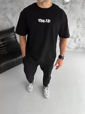 Mrayss  Unisex Bisiklet Yaka Baskılı Oversize T-Shirt - Siyah