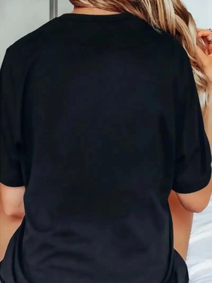 Mrayss  Baskılı Oversize Bisiklet Yaka T-Shirt - Siyah