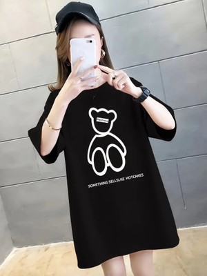 Mrayss  Baskılı Oversize Bisiklet Yaka T-Shirt - Siyah