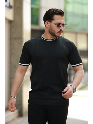 Mrayss  Erkek Bisiklet Yaka Çizgi Desenli Ribanalı Kısa Kollu Tshirt