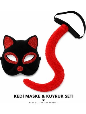 Uravas Store Kırmızı Kedi Maske ve Kuyruk Seti Parti Kostüm Aksesuarı