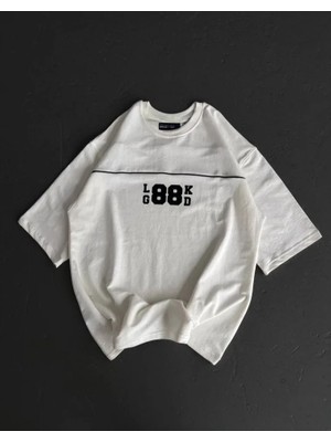 Mrayss  Unisex Bisiklet Yaka Baskılı Oversize T-Shirt - Beyaz