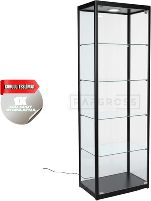 Camlı Vitrin Dolabı 40X60X180 cm – Spot Aydınlatmalı Kilitli Cam Gümüşlük ve Koleksiyon Sergileme Dolabı