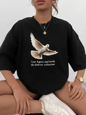 Mrayss  Unisex Bisiklet Yaka Baskılı Oversize T-Shirt - Siyah