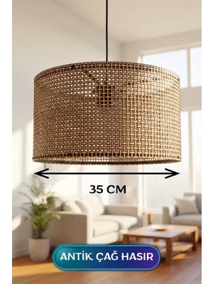EstoreBox Antik Çağ Hasır Kumaş Başlıklı Sarkıt Avize 35 cm