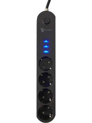 Aydogan's Ayd 4lü Siyah Anahtarlı 3 USB Li Akım Korumalı Topraklı Çocuk Korumalı Grup Priz 2 Metre