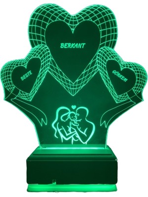 Modiwa Design Sevgiliye 3 Kalp veAile 16 Renk Uzaktan Kumandalı 3D Ahşap Gece Lambası Hediyelik