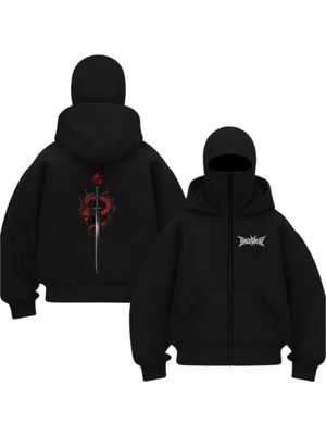 Touz Moda Kar Maskeli Balaclava Katana Samurai Series Baskılı Ninja Hoodie Sweatshirt